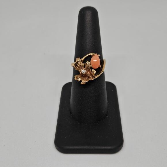 Art Nouveau Era 10K Yellow Gold Coral and White Sapphire Ring Size 6.5 - Picture 4 of 8